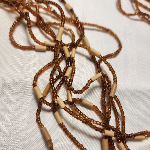 Handmade Necklace Multi Strand Wood Glass Bead Brown Bronze Tone 32" Boho Tribal - Picture 3 of 7